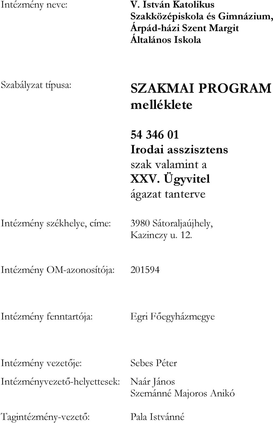 melléklete 54 346 01 Irodai asszisztens szak valamint a XXV.