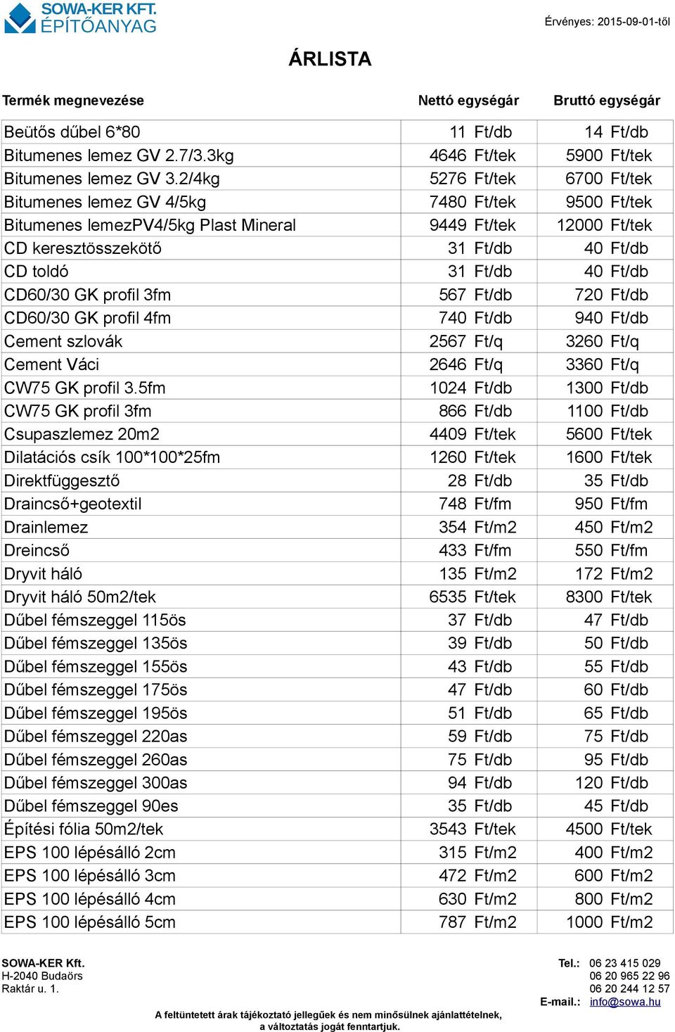 Ft/db CD60/30 GK profil 3fm 567 Ft/db 720 Ft/db CD60/30 GK profil 4fm 740 Ft/db 940 Ft/db Cement szlovák 2567 Ft/q 3260 Ft/q Cement Váci 2646 Ft/q 3360 Ft/q CW75 GK profil 3.