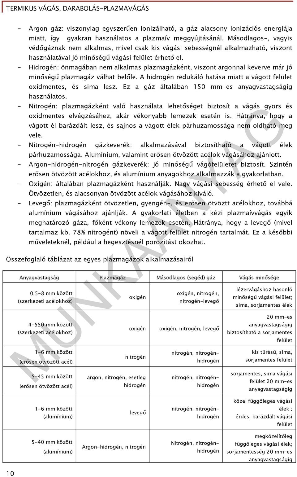 - Hidrogén: önmagában nem alkalmas plazmagázként, viszont argonnal keverve már jó minőségű plazmagáz válhat belőle. A hidrogén redukáló hatása miatt a vágott felület oxidmentes, és sima lesz.