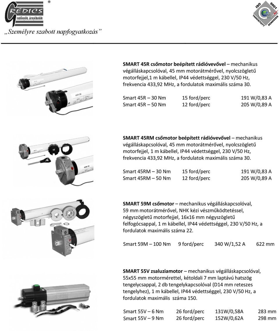 Smart 45R 30 Nm 15 ford/perc 191 W/0,83 A Smart 45R 50 Nm 12 ford/perc 205 W/0,89 A SMART 45RM csőmotor beépített rádióvevővel mechanikus végálláskapcsolóval, 45 mm motorátmérővel, nyolcszögletű