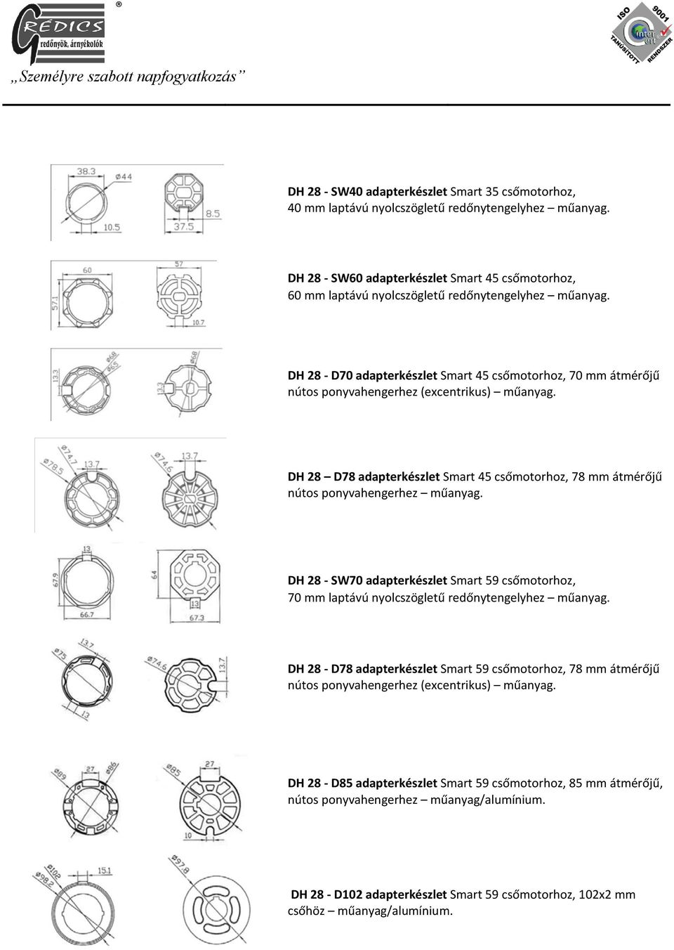 DH 28 D70 adapterkészlet Smart 45 csőmotorhoz, 70 mm átmérőjű nútos ponyvahengerhez (excentrikus) műanyag. DH 28 D78 adapterkészlet Smart 45 csőmotorhoz, 78 mm átmérőjű nútos ponyvahengerhez műanyag.