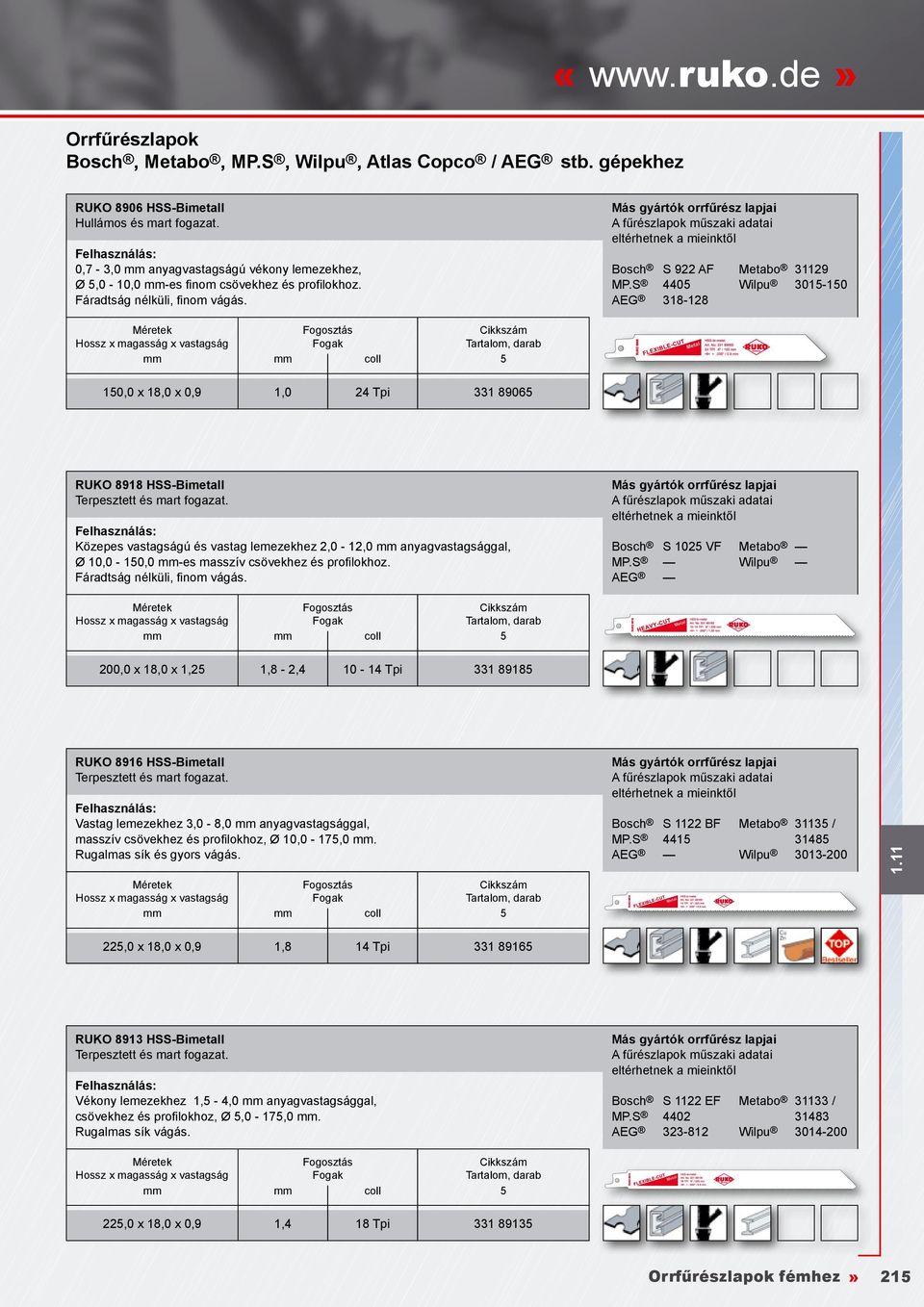 S 4405 Wilpu 3015-150 AEG 318-128 150,0 x 18,0 x 0,9 1,0 24 Tpi 331 89065 RUKO 8918 HSS-Bimetall Közepes vastagságú és vastag lemezekhez 2,0-12,0 mm anyagvastagsággal, Ø 10,0-150,0 mm-es masszív