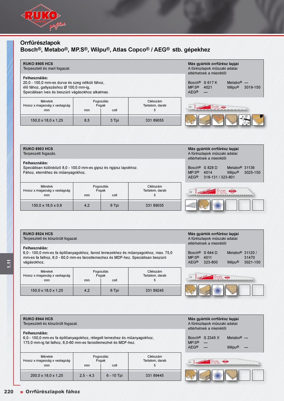 Bosch S 828 D Metabo 31136 MP.S 4014 Wilpu 3025-150 AEG 318-131 / 323-801 150,0 x 18,0 x 0,9 4,2 6 Tpi 331 89035 RUKO 8924 HCS Terpesztett és köszörült fogazat.