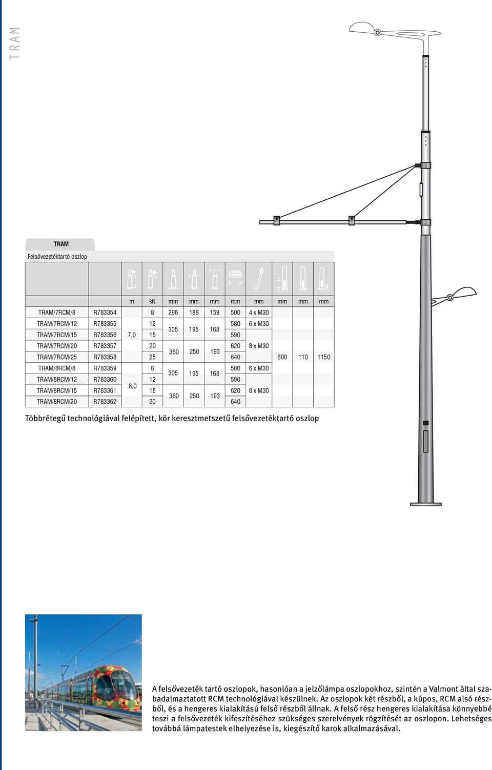 M30 360 250 193 TRAM/8RCM/20 R783362 20 640 Többrétegű technológiával felépített, kör keresztmetszetű felsővezetéktartó oszlop A felsővezeték tartó oszlopok, hasonlóan a jelzőlámpa oszlopokhoz,