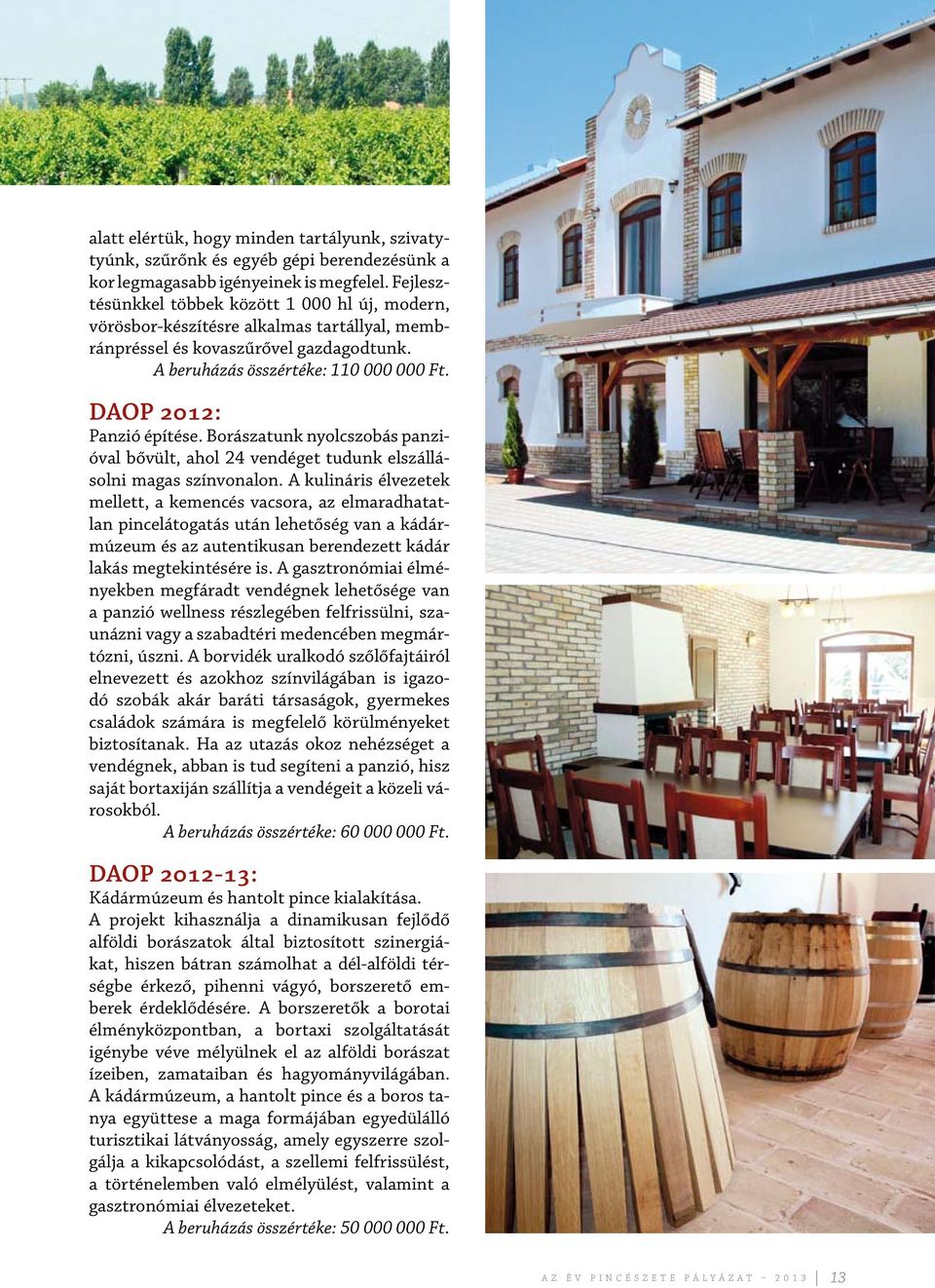 DAOP 2012: Panzió építése. Borászatunk nyolcszobás panzióval bővült, ahol 24 vendéget tudunk elszállásolni magas színvonalon.