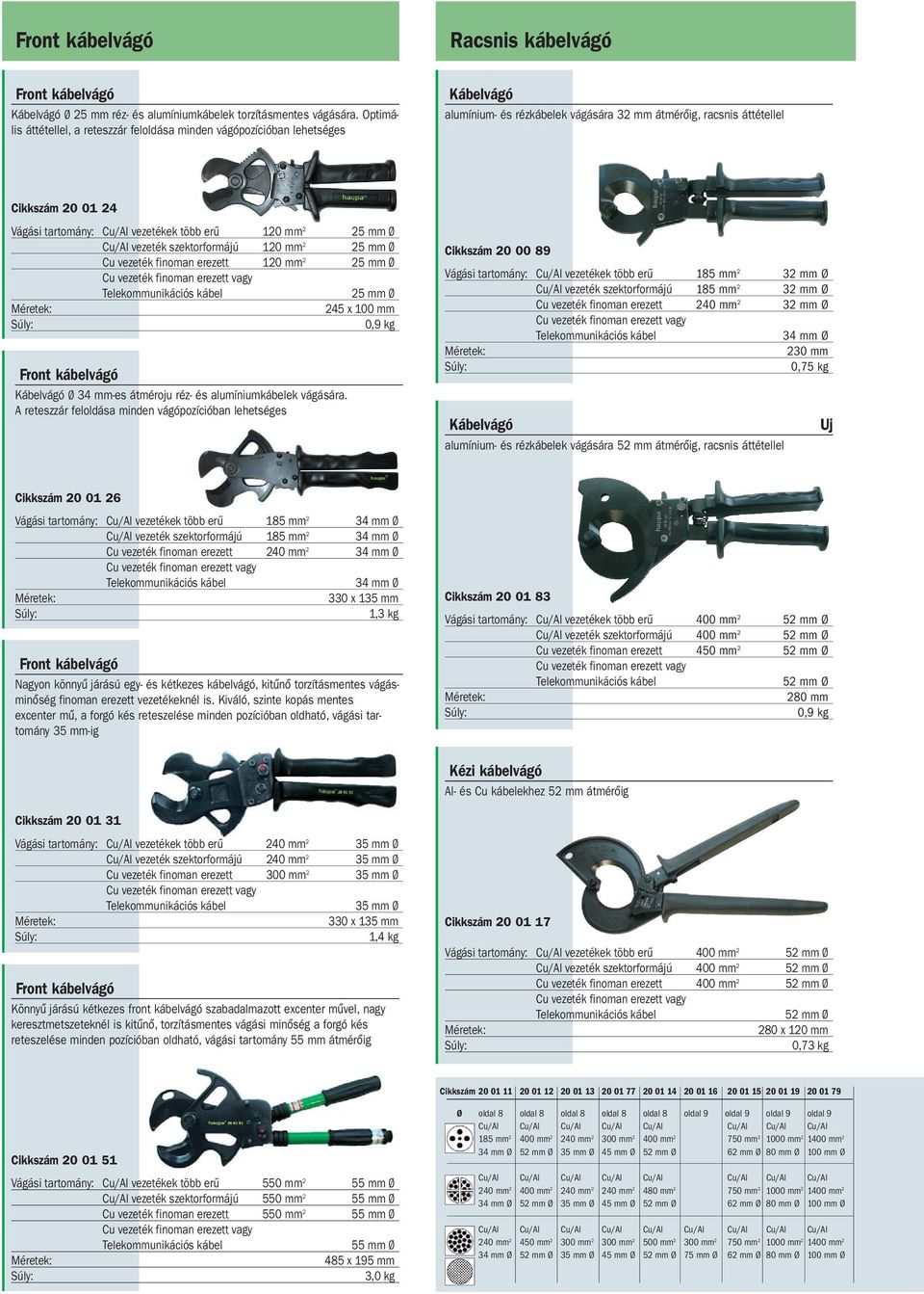 több erű 120 mm 2 25 mm Ø Cu/Al vezeték szektorformájú 120 mm 2 25 mm Ø Cu vezeték finoman erezett 120 mm 2 25 mm Ø 25 mm Ø 245 x 100 mm 0,9 kg Ø 34 mm-es átméroju réz- és alumíniumkábelek vágására.