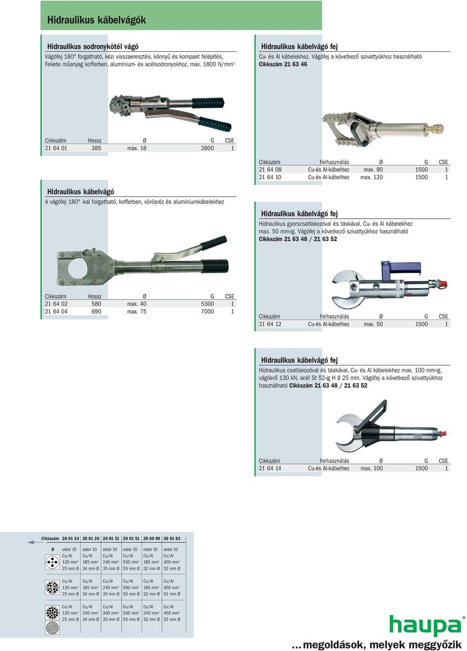 18 2800 1 Cikkszám Felhasználás Ø G CSE 21 64 08 Cu-és Al-kábelhez max. 90 1500 1 21 64 10 Cu-és Al-kábelhez max.