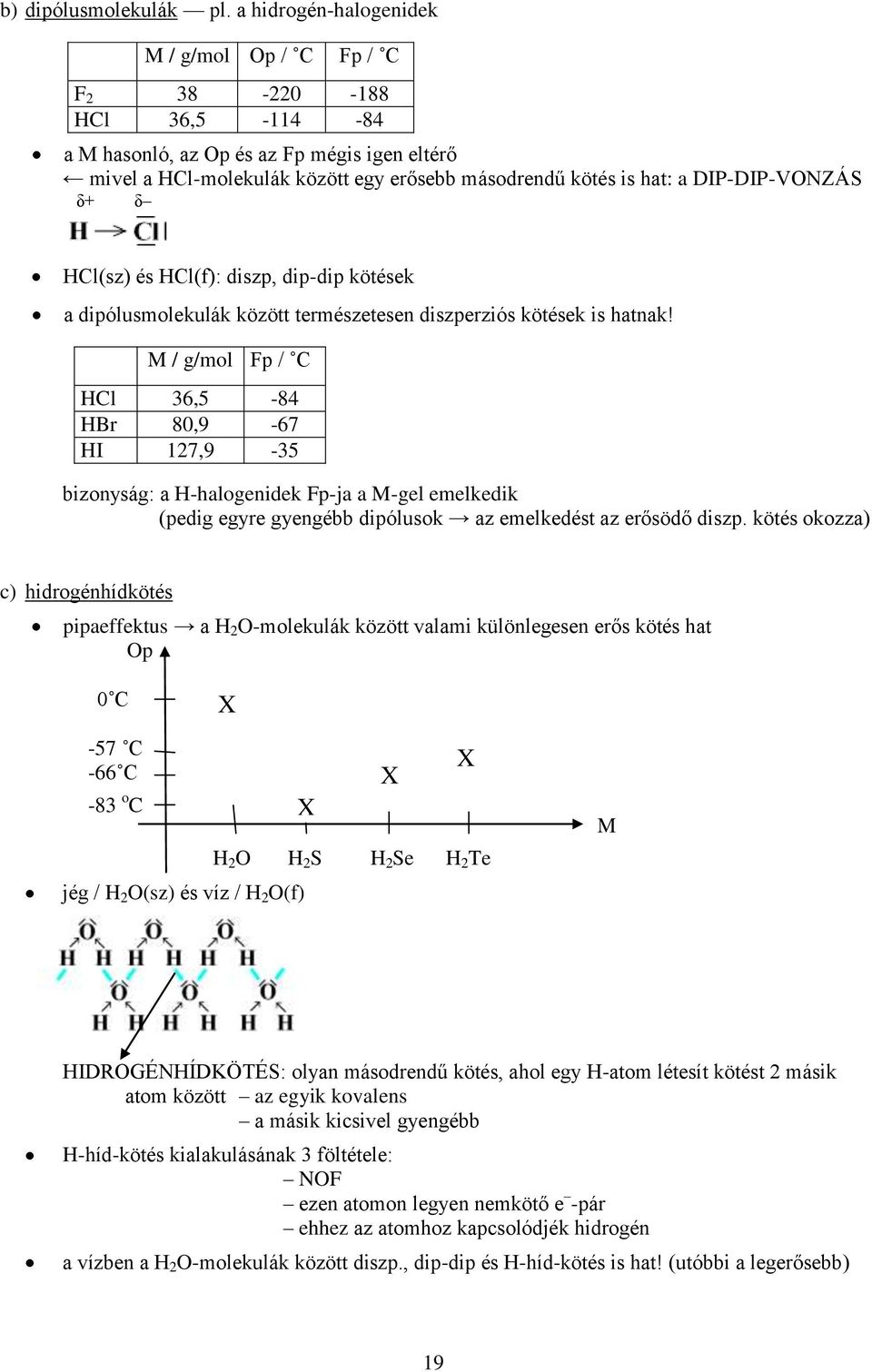 DIP-DIP-VONZÁS δ+ δ HCl(sz) és HCl(f): diszp, dip-dip kötések a dipólusmolekulák között természetesen diszperziós kötések is hatnak!