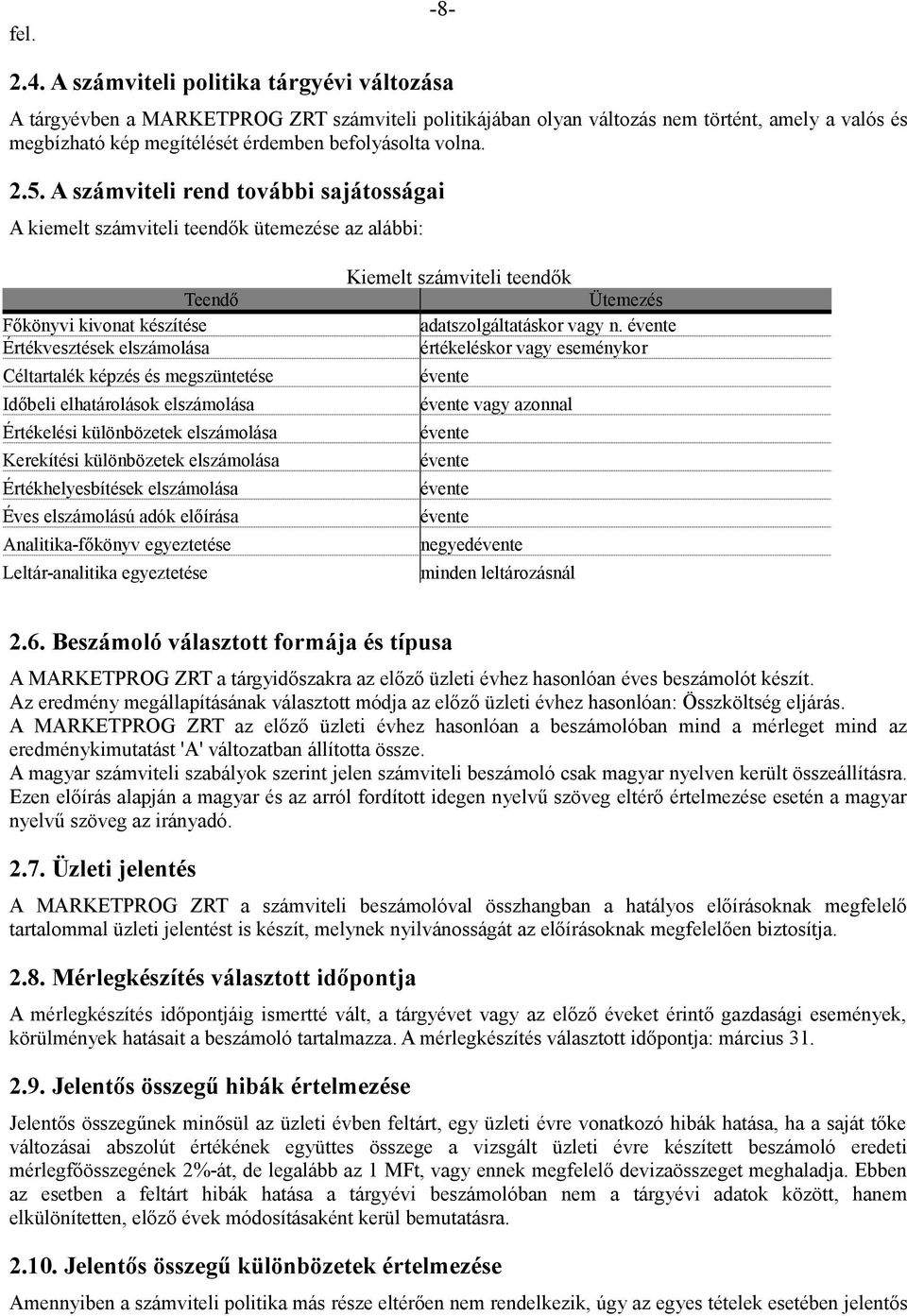 5. A számviteli rend további sajátosságai A kiemelt számviteli teendők ütemezése az alábbi: Teendő Főkönyvi kivonat készítése Értékvesztések elszámolása Céltartalék képzés és megszüntetése Időbeli