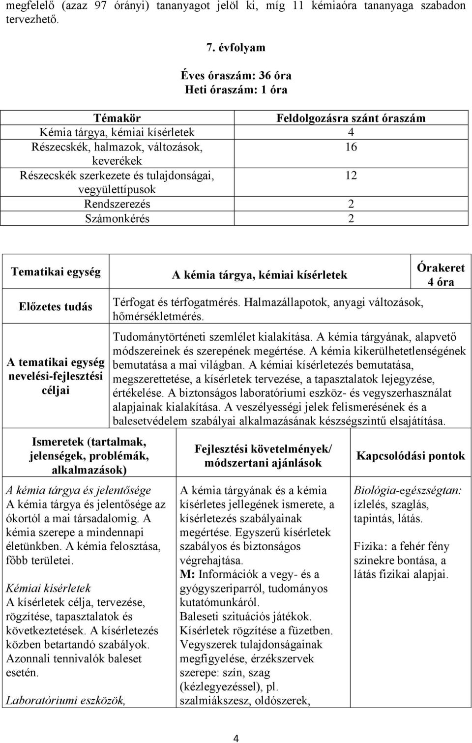 tulajdonságai, 12 vegyülettípusok Rendszerezés 2 Számonkérés 2 Tematikai egység Előzetes tudás A tematikai egység nevelési-fejlesztési céljai Ismeretek (tartalmak, jelenségek, problémák,