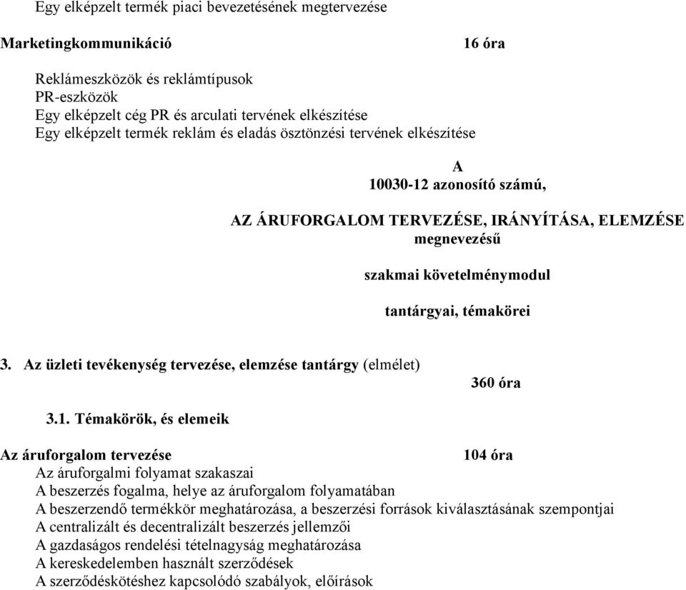 Az üzleti tevékenység tervezése, elemzése tantárgy (elmélet) 360 óra 3.1.