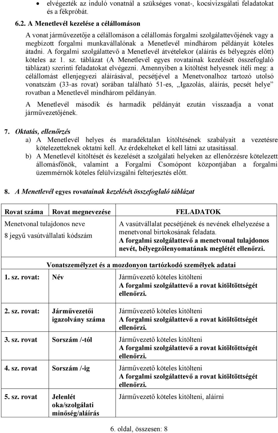 átadni. A forgalmi szolgálattevő a Menetlevél átvételekor (aláírás és bélyegzés előtt) köteles az 1. sz. táblázat (A Menetlevél egyes rovatainak kezelését összefoglaló táblázat) szerinti feladatokat elvégezni.