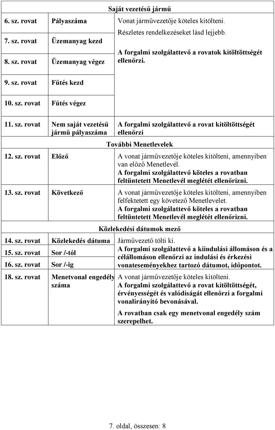 A forgalmi szolgálattevő köteles a rovatban feltüntetett Menetlevél meglétét ellenőrizni. 13. sz. rovat Következő A vonat járművezetője köteles kitölteni, amennyiben felfektetett egy követező Menetlevelet.