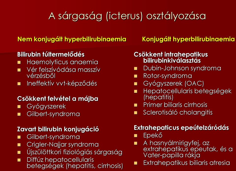 (hepatitis, cirrhosis) Konjugált hyperbilirubinaemia Csökkent intrahepatikus bilirubinkiválasztás Dubin-Johnson syndroma Rotor-syndroma Gyógyszerek (OAC) Hepatocellularis betegségek