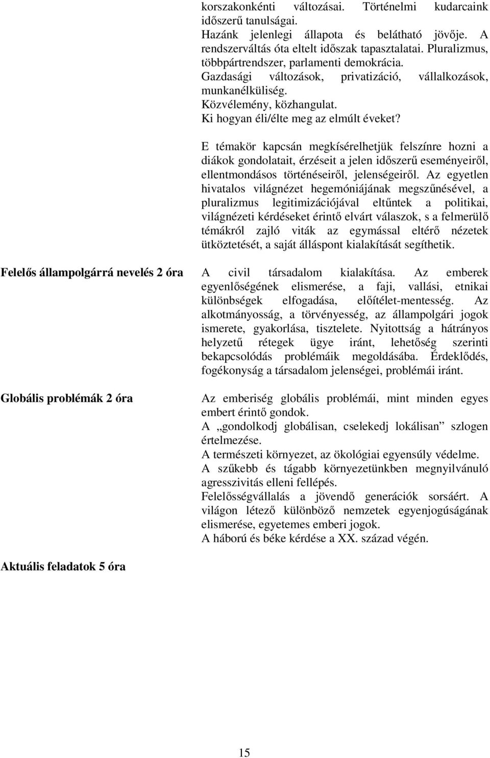 E témakör kapcsán megkísérelhetjük felszínre hozni a diákok gondolatait, érzéseit a jelen időszerű eseményeiről, ellentmondásos történéseiről, jelenségeiről.