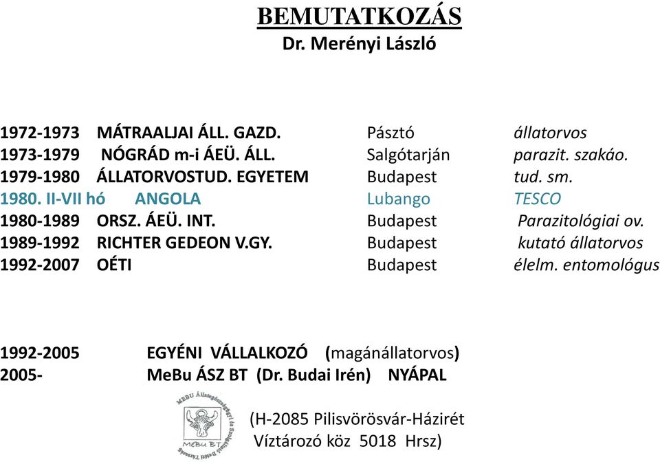 Budapest Parazitológiai ov. 1989-1992 RICHTER GEDEON V.GY. Budapest kutató állatorvos 1992-2007 OÉTI Budapest élelm.