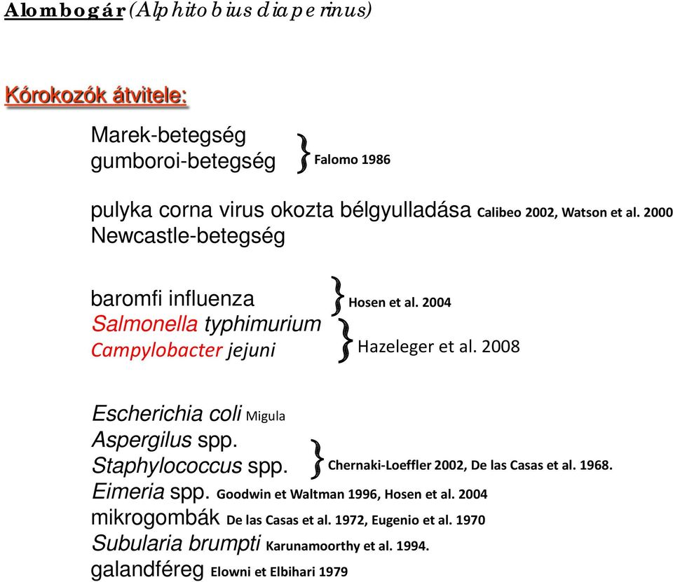 2008 Escherichia coli Migula Aspergilus spp. Staphylococcus spp. }Chernaki-Loeffler 2002, De las Casas et al. 1968. Eimeria spp.