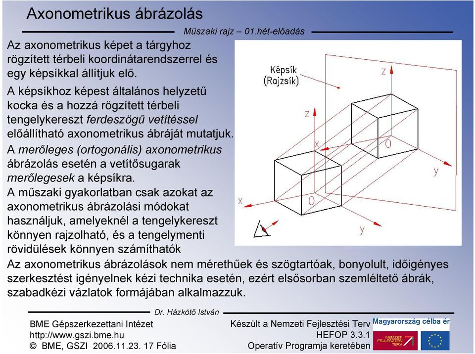 A merőleges (ortogonális) axonometrikus ábrázolás esetén a vetítősugarak merőlegesek a képsíkra. Műszaki rajz 01.