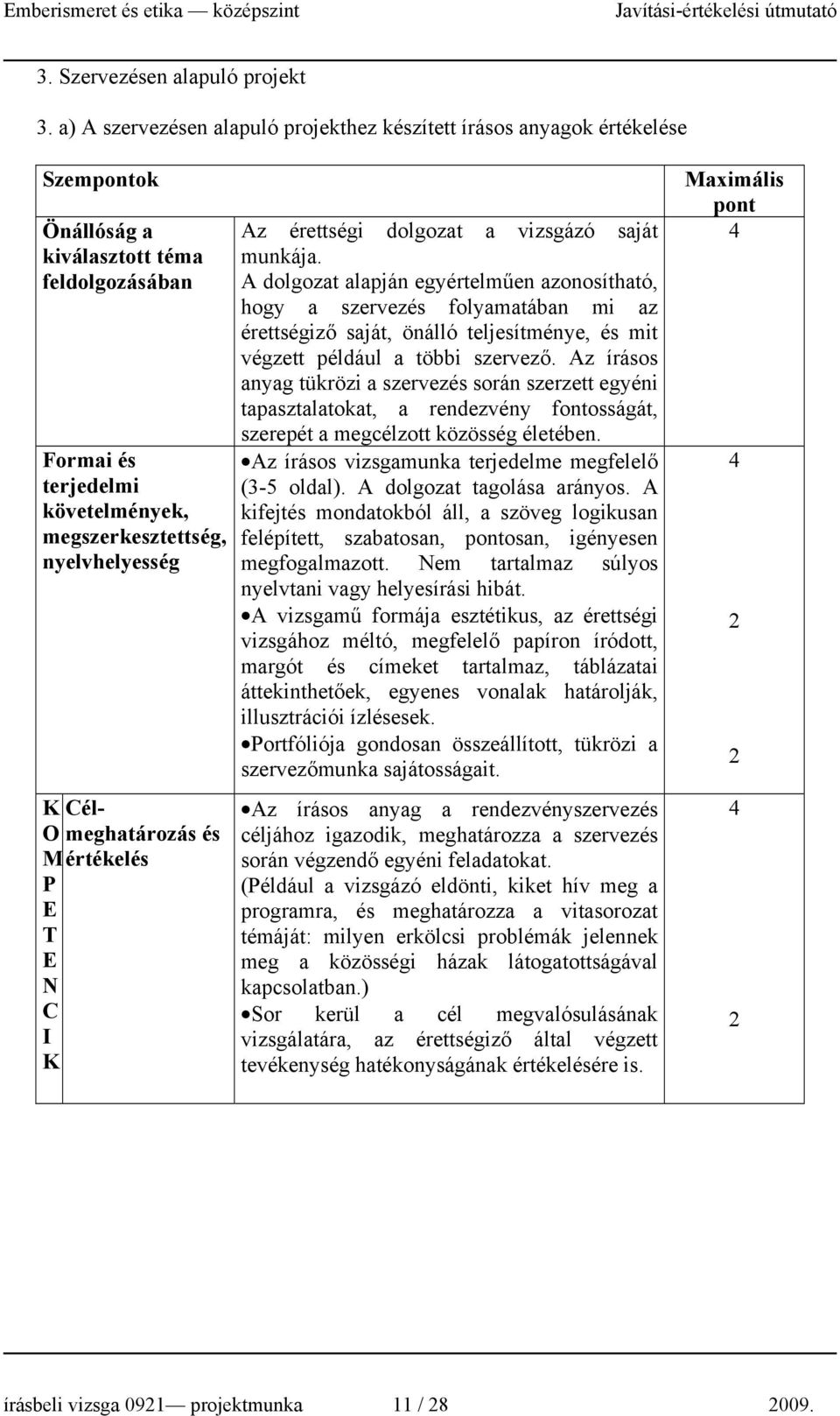 élmeghatározás és értékelés Az érettségi dolgozat a vizsgázó saját munkája.