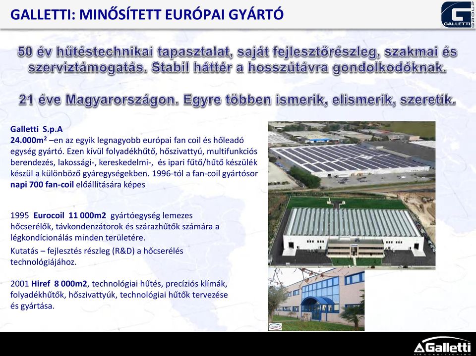 1996-tól a fan-coil gyártósor napi 700 fan-coil előállítására képes 1995 Eurocoil 11 000m2 gyártóegység lemezes hőcserélők, távkondenzátorok és szárazhűtők számára a