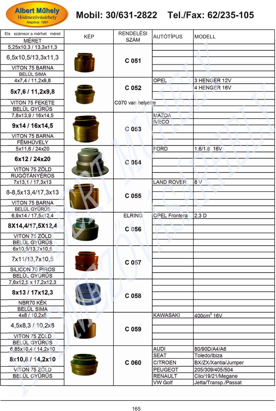 8 16V LAND ROVER 8V Frontera 2,3 D KAWASAKI 400cm3 16V AUDI SEAT CITROEN PEUGEOT RENAULT VW Golf 80/90D/A4/A6 Toledo/Ibiza BX/ZX/Xantia/Jumper 205/309/405/504 Clio/19/21/Megane Jetta/Transp.