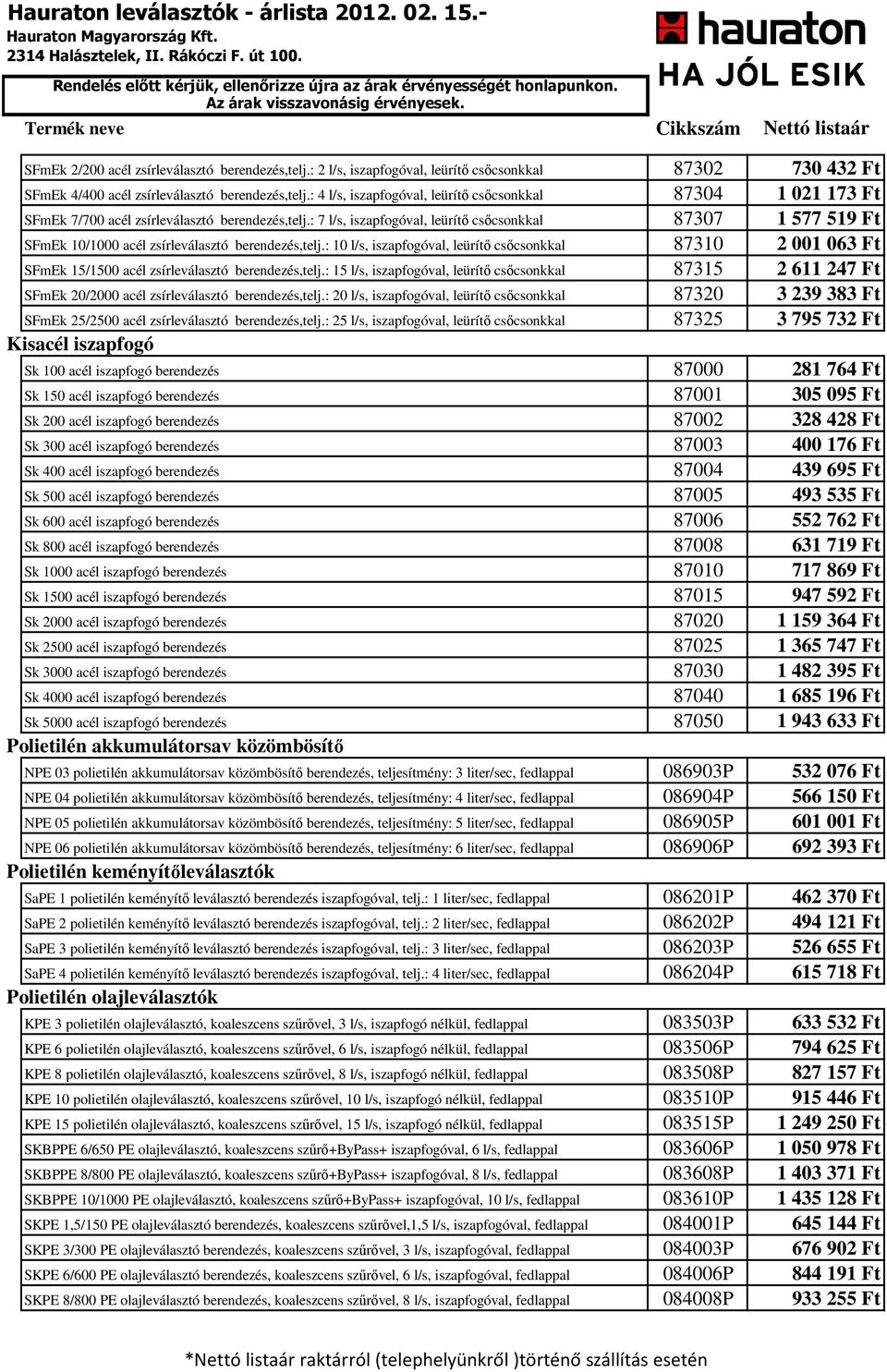 : 7 l/s, iszapfogóval, leürítő csőcsonkkal 87307 1 577 519 Ft SFmEk 10/1000 acél zsírleválasztó berendezés,telj.