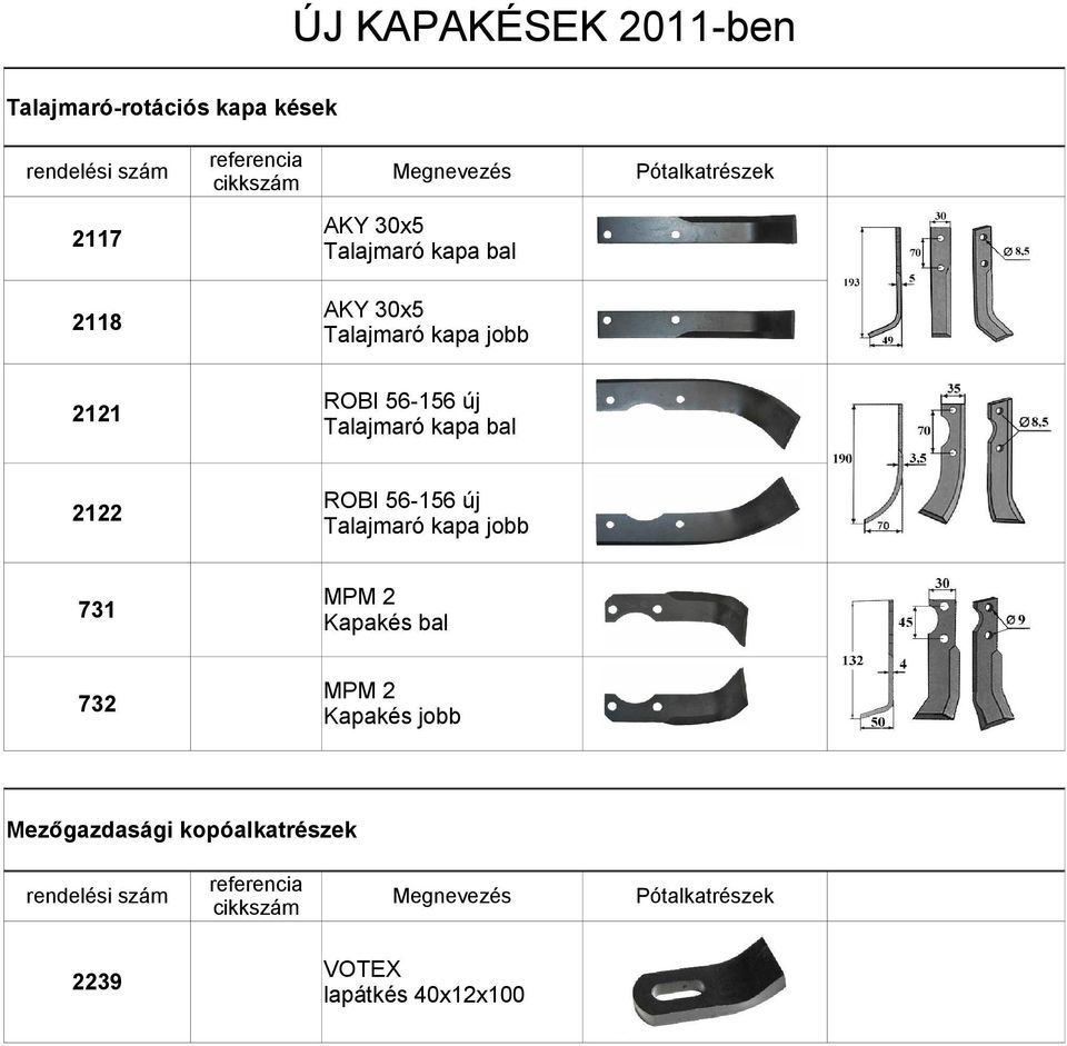 ROBI 56156 új Talajmaró kapa jobb 731 MPM 2 Kapa bal 732 MPM 2 Kapa jobb Pótalkatrészek