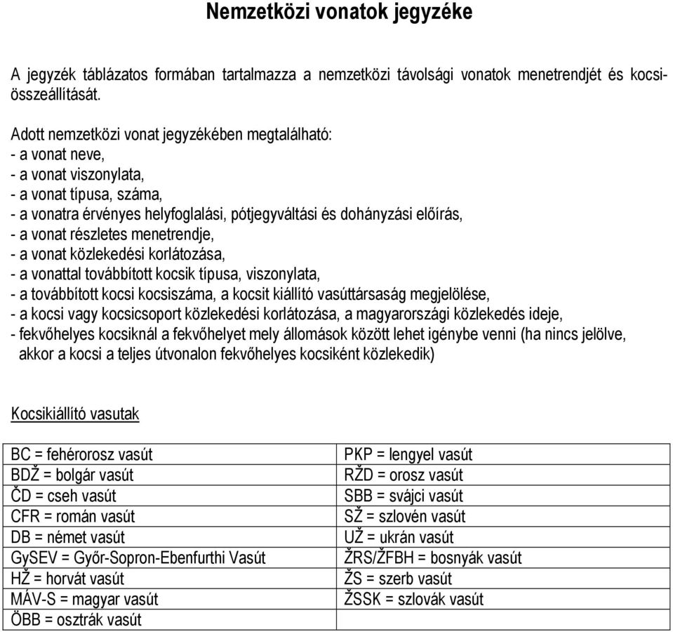menetrendje, - a vonat közlekedési korlátozása, - a vonattal továbbított kocsik,, - a továbbított kocsi kocsiszáma, a kocsit kiállító vasúttársaság megjelölése, - a kocsi vagy kocsicsoport
