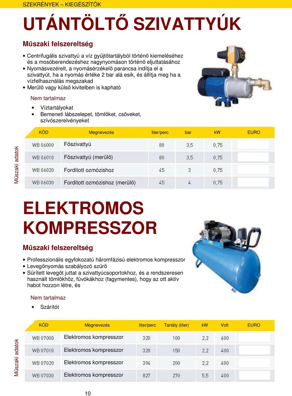 tömlıket, csöveket, szívószerelvényeket KÓD Megnevezés liter/perc bar kw EURO Mőszaki adatok Fıszivattyú Fıszivattyú (merülı) Fordított ozmózishoz Fordított ozmózishoz (merülı) ELEKTROMOS KOMPRESSZOR