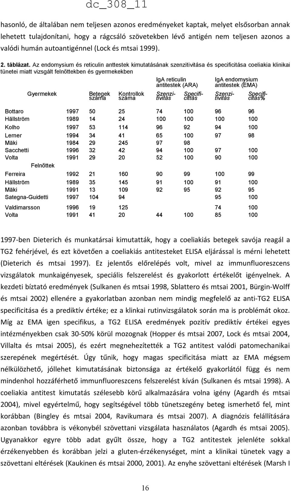 Az endomysium és reticulin anttestek kimutatásának szenzitivitása és specificitása coeliakia klinikai tünetei miatt vizsgált felnőttekben és gyermekekben IgA reticulin IgA endomysium antitestek (ARA)