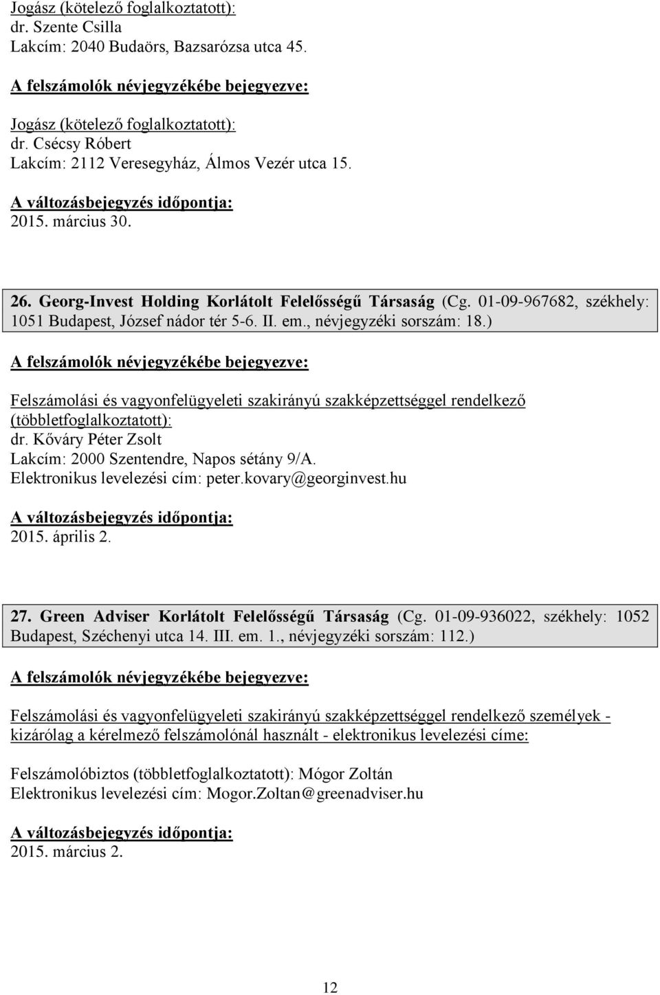 01-09-967682, székhely: 1051 Budapest, József nádor tér 5-6. II. em., névjegyzéki sorszám: 18.) dr. Kőváry Péter Zsolt Lakcím: 2000 Szentendre, Napos sétány 9/A.