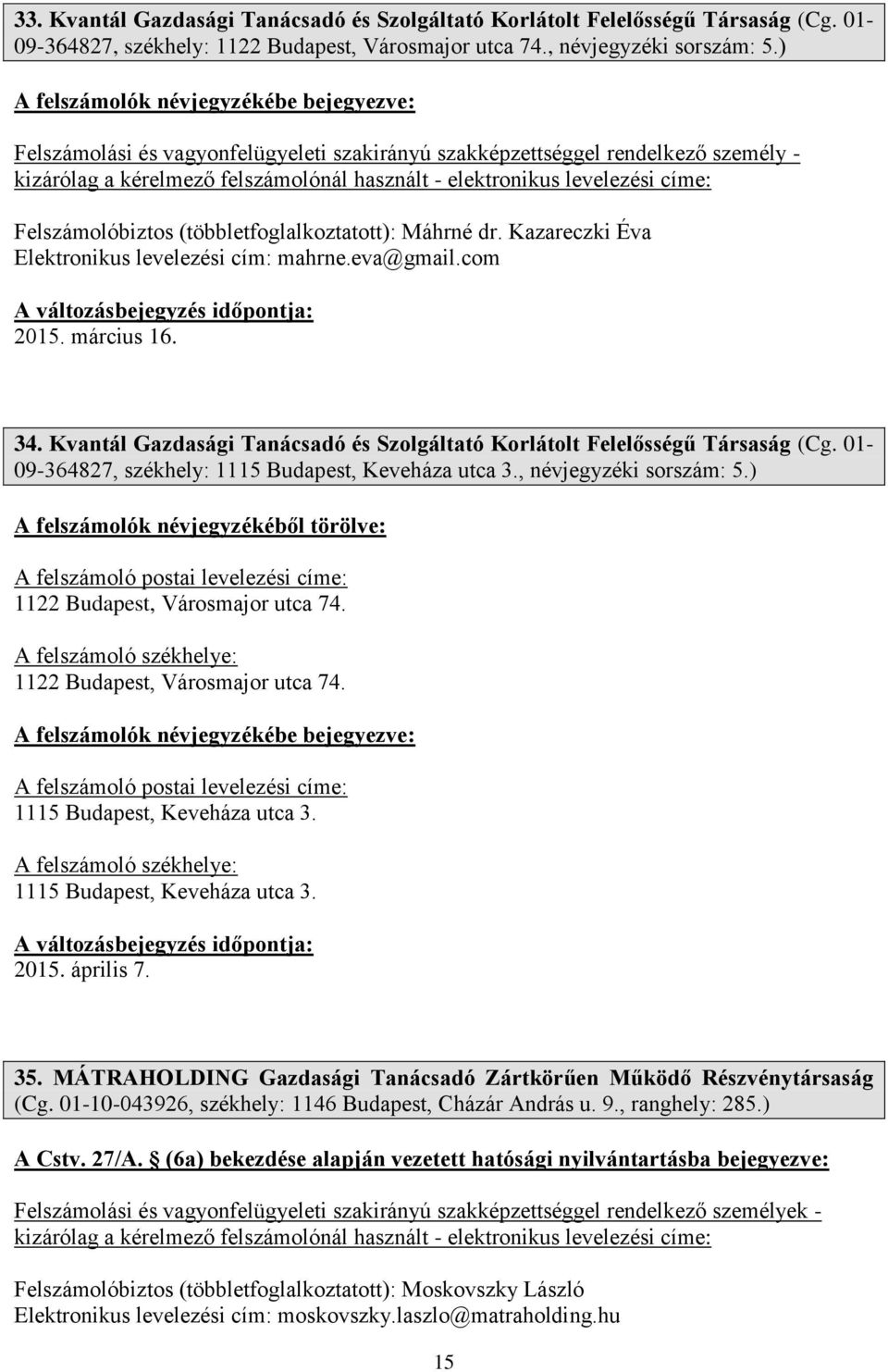 Kvantál Gazdasági Tanácsadó és Szolgáltató Korlátolt Felelősségű Társaság (Cg. 01-09-364827, székhely: 1115 Budapest, Keveháza utca 3., névjegyzéki sorszám: 5.