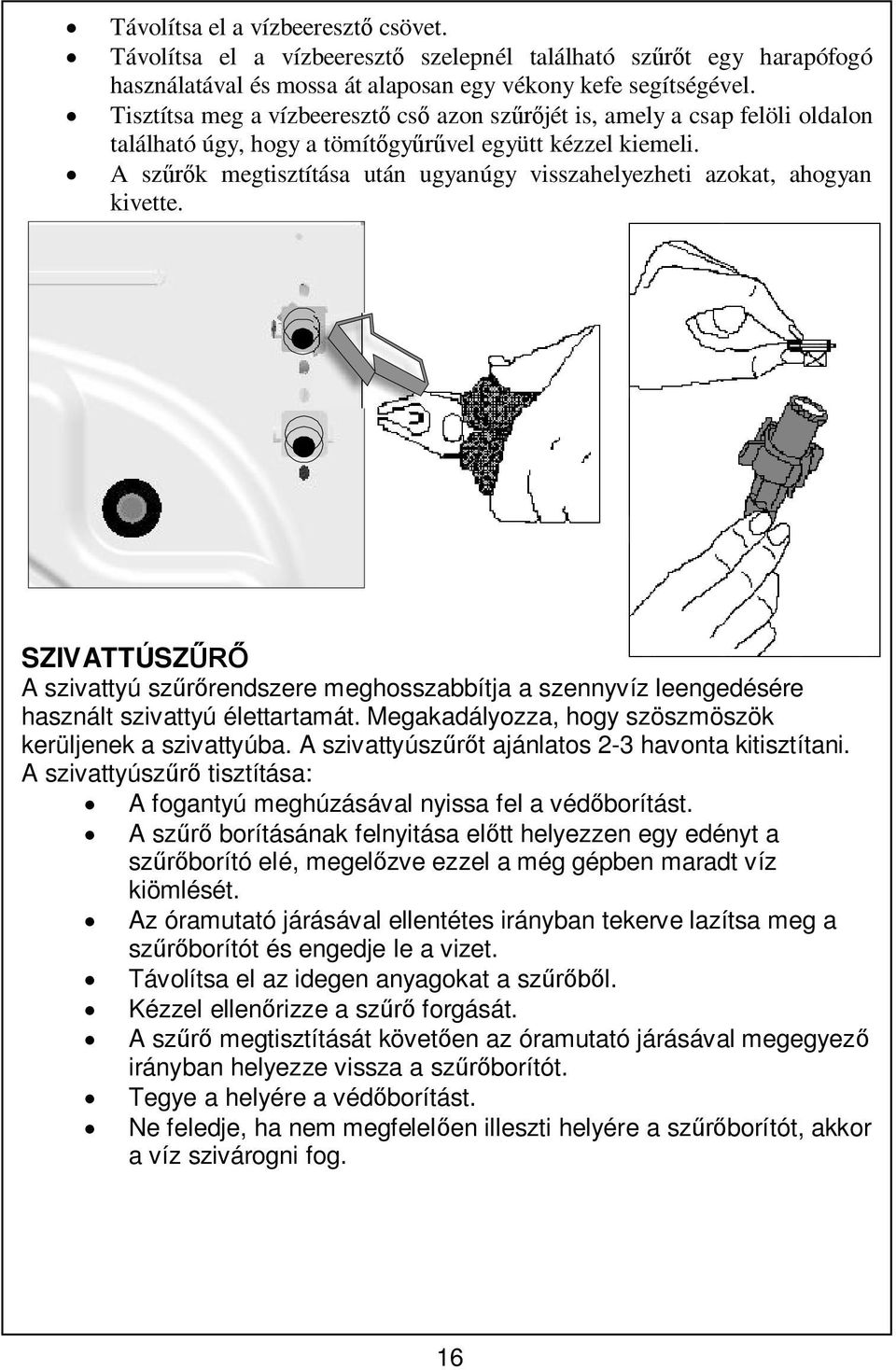 A szk megtisztítása után ugyanúgy visszahelyezheti azokat, ahogyan kivette. SZIVATTÚSZ A szivattyú szrendszere meghosszabbítja a szennyvíz leengedésére használt szivattyú élettartamát.