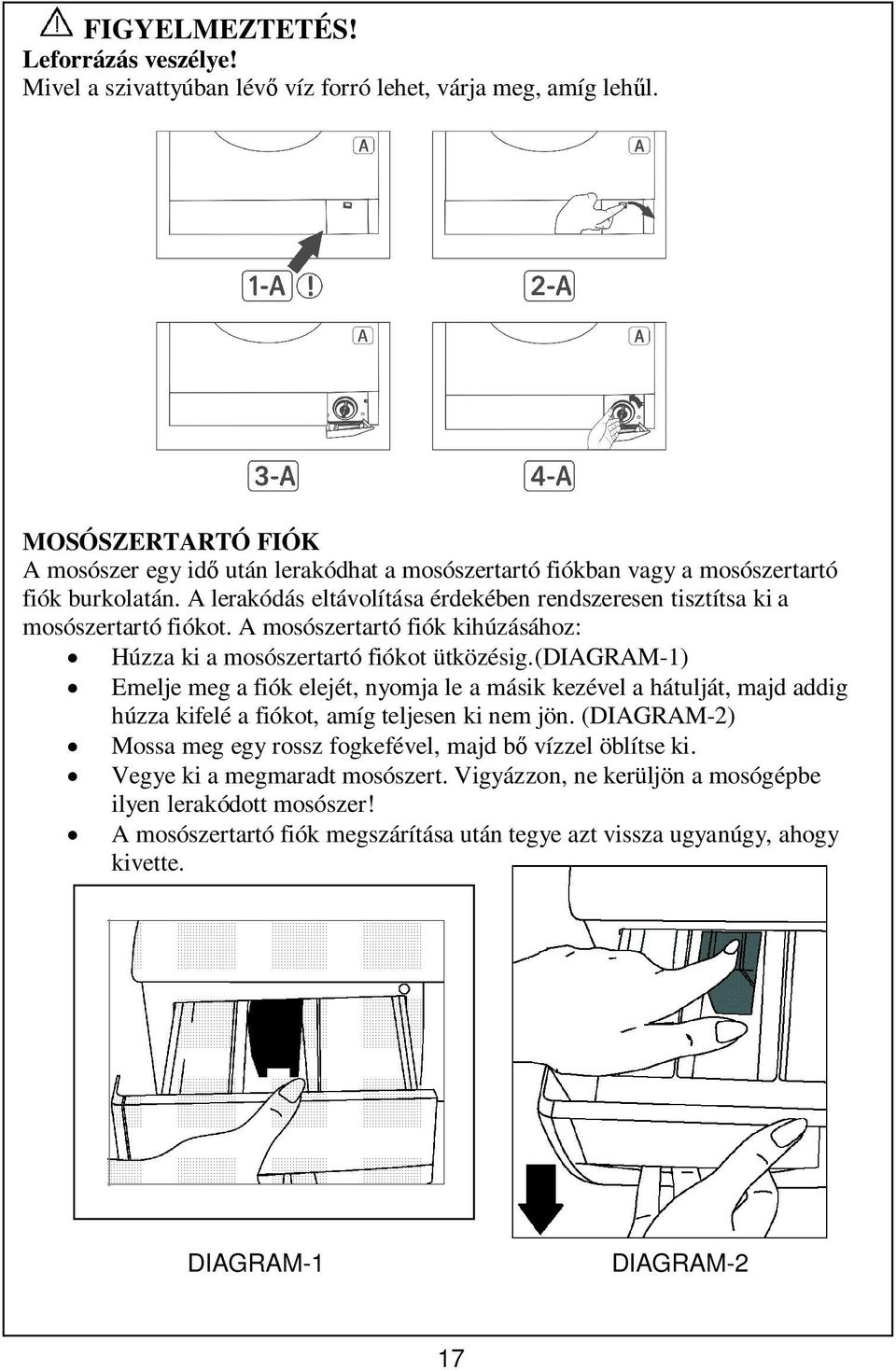 A lerakódás eltávolítása érdekében rendszeresen tisztítsa ki a mosószertartó fiókot. A mosószertartó fiók kihúzásához: Húzza ki a mosószertartó fiókot ütközésig.