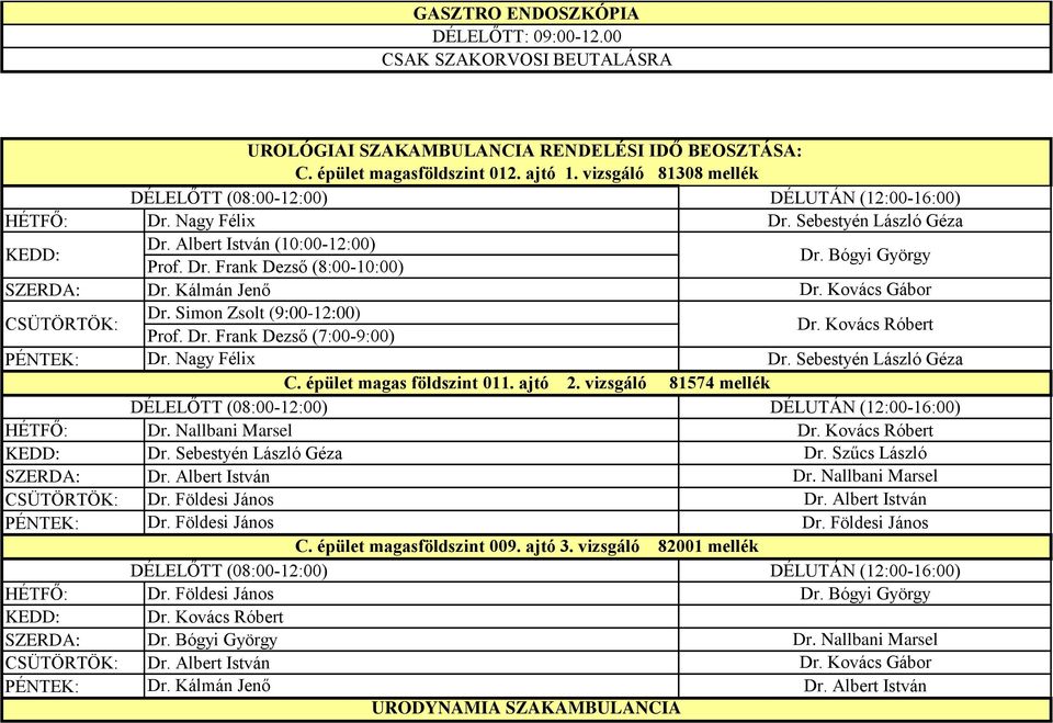 Simon Zsolt (9:00-12:00) Dr. Kovács Róbert Prof. Dr. Frank Dezső (7:00-9:00) Dr. Nagy Félix Dr. Sebestyén László Géza C. épület magas földszint 011. ajtó 2.