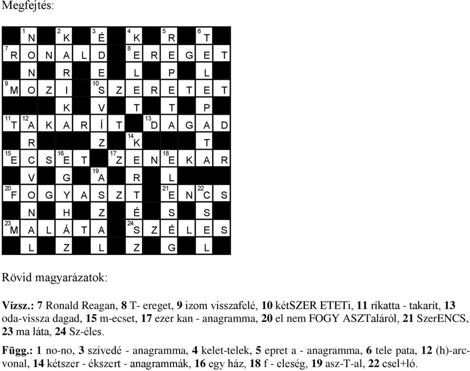: 7 onald eagan, 8 T- ereget, 9 izom visszafelé, 10 kétsze ETETi, 11 ríkatta - takarít, 1 oda-vissza dagad, 15 m-ecset, 17 ezer kan - anagramma, 0 el nem FOGY