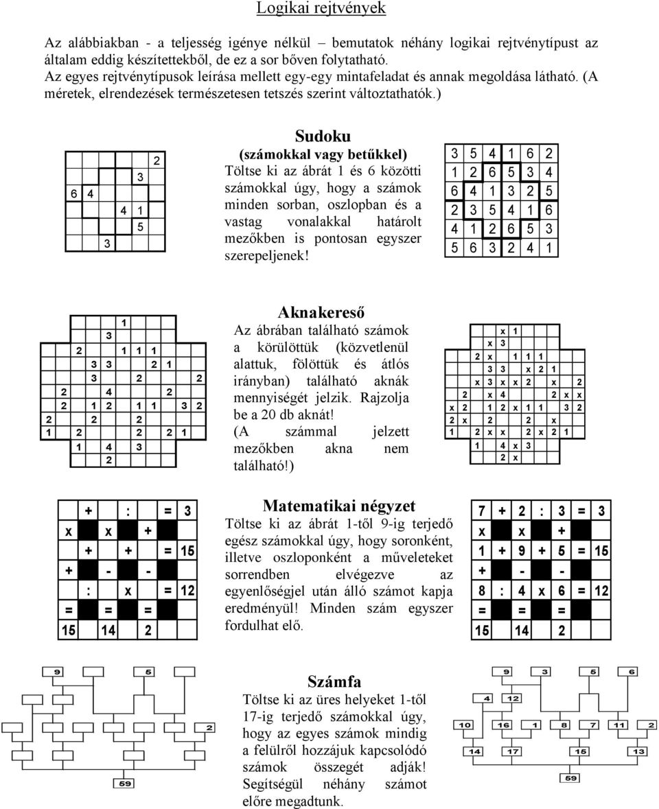 ) 6 4 4 1 5 Sudoku (számokkal vagy betűkkel) Töltse ki az ábrát 1 és 6 közötti számokkal úgy, hogy a számok minden sorban, oszlopban és a vastag vonalakkal határolt mezőkben is pontosan egyszer