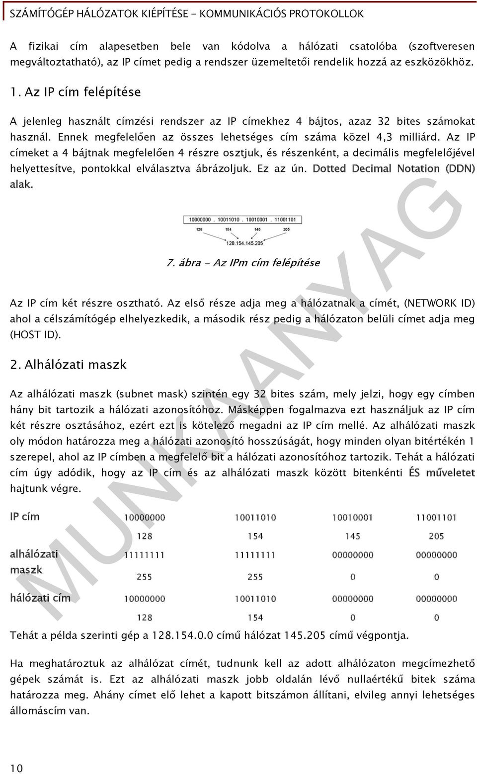 Az IP címeket a 4 bájtnak megfelelően 4 részre osztjuk, és részenként, a decimális megfelelőjével helyettesítve, pontokkal elválasztva ábrázoljuk. Ez az ún. Dotted Decimal Notation (DDN) alak. 7.