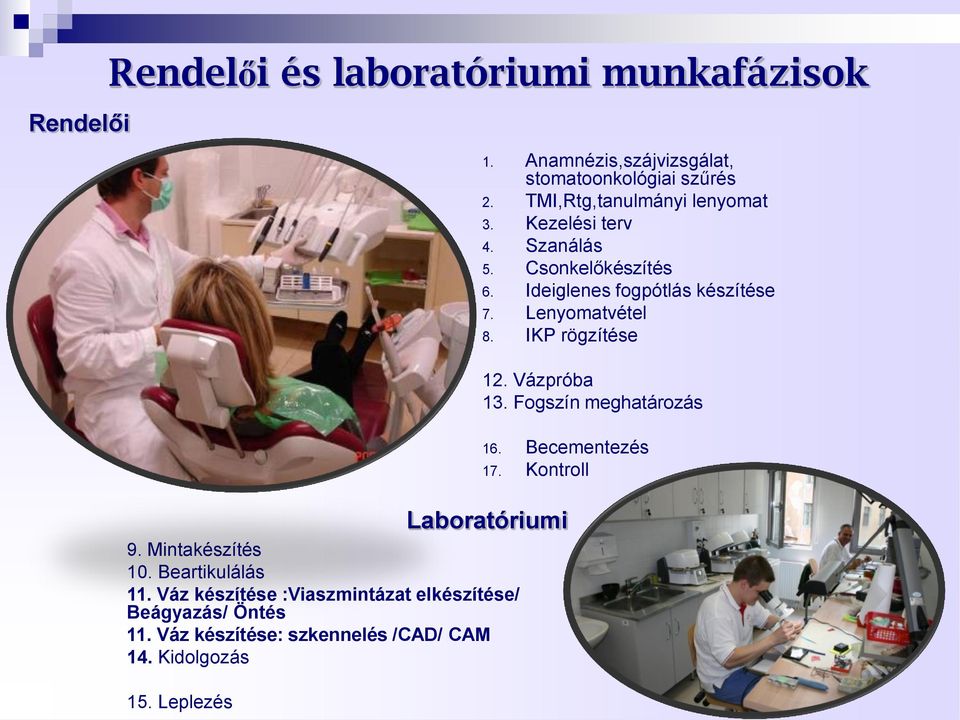 Lenyomatvétel 8. IKP rögzítése 12. Vázpróba 13. Fogszín meghatározás 16. Becementezés 17. Kontroll 9. Mintakészítés 10.