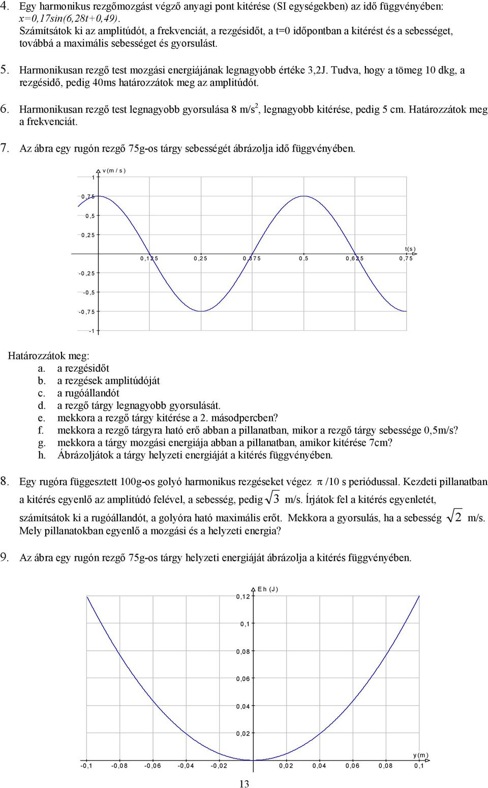 Harmonikusan rezgı test mozgási energiájának legnagyobb értéke 3,2J. Tudva, hogy a tömeg 10 dkg, a rezgésidı, pedig 40ms határozzátok meg az amplitúdót. 6.