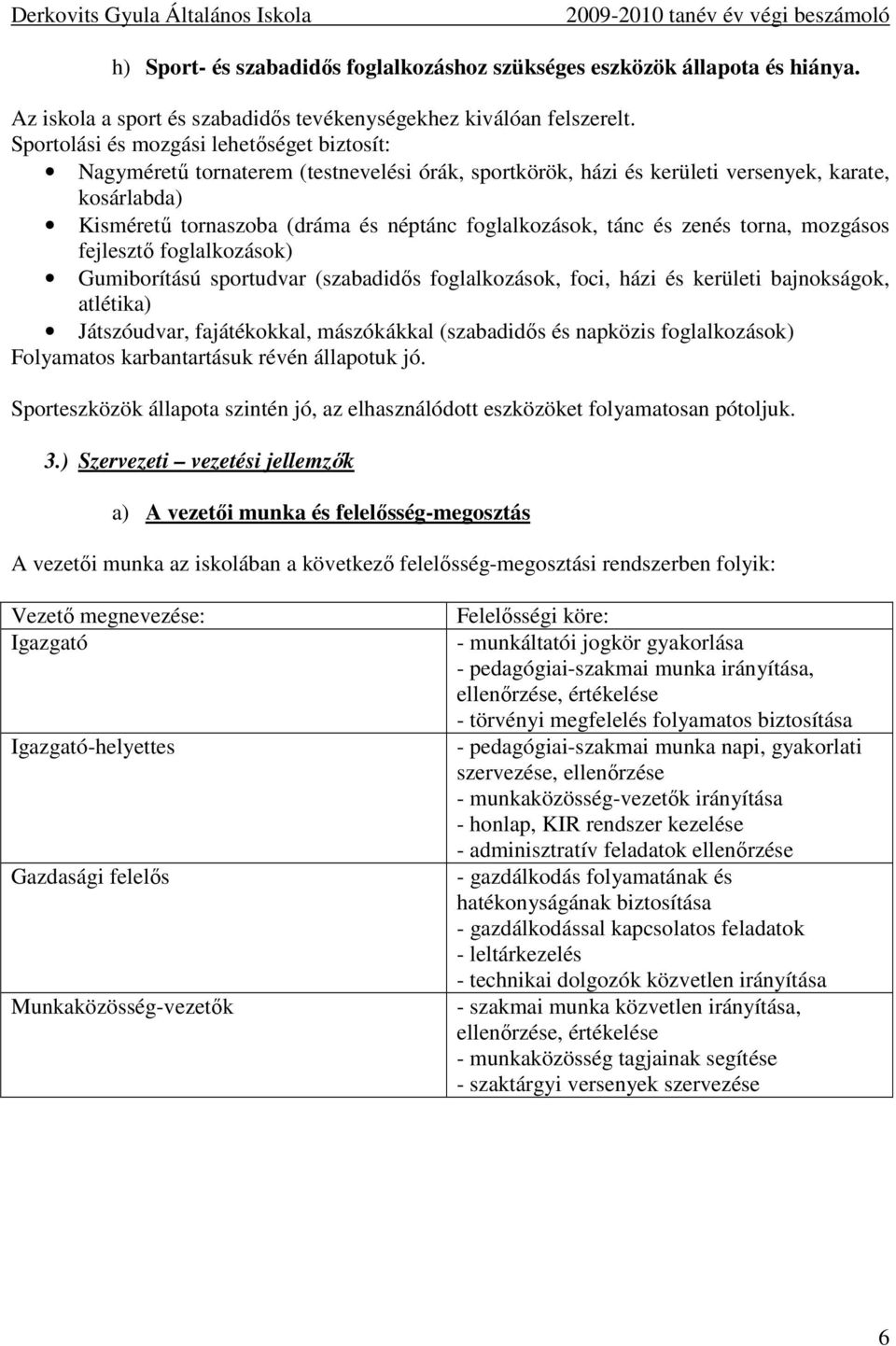 tánc és zenés torna, mozgásos fejlesztı foglalkozások) Gumiborítású sportudvar (szabadidıs foglalkozások, foci, házi és kerületi bajnokságok, atlétika) Játszóudvar, fajátékokkal, mászókákkal