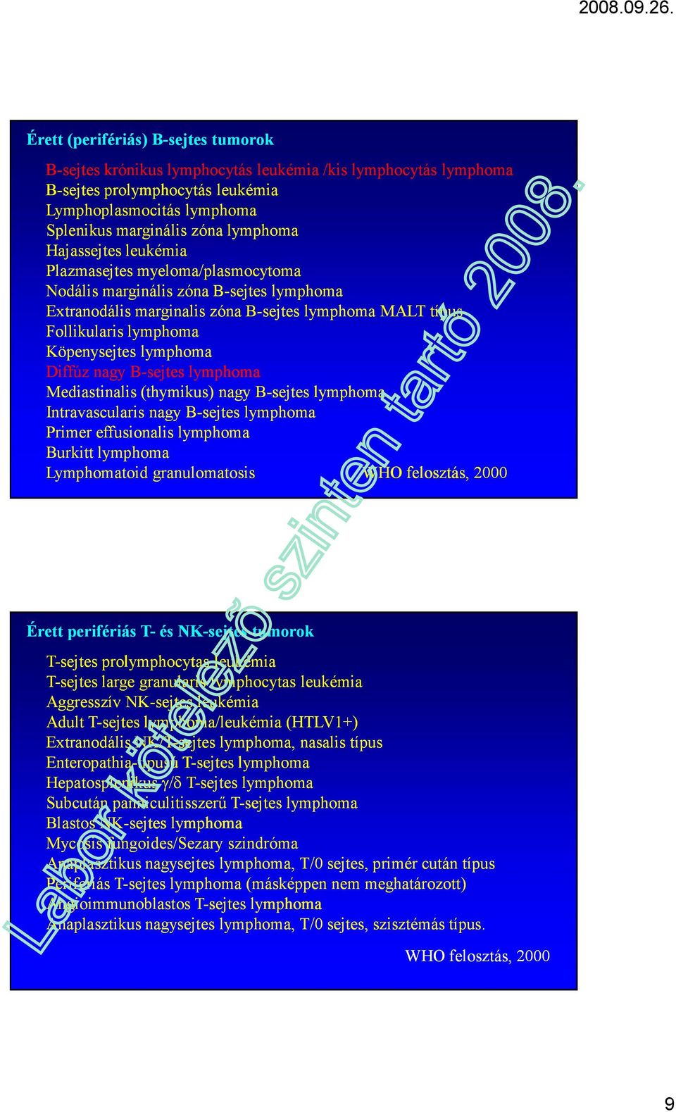 Diffúz nagy B-sejtes lymphoma Mediastinalis (thymikus) nagy B-sejtes lymphoma Intravascularis nagy B-sejtes lymphoma Primer effusionalis lymphoma Burkitt lymphoma Lymphomatoid granulomatosis WHO