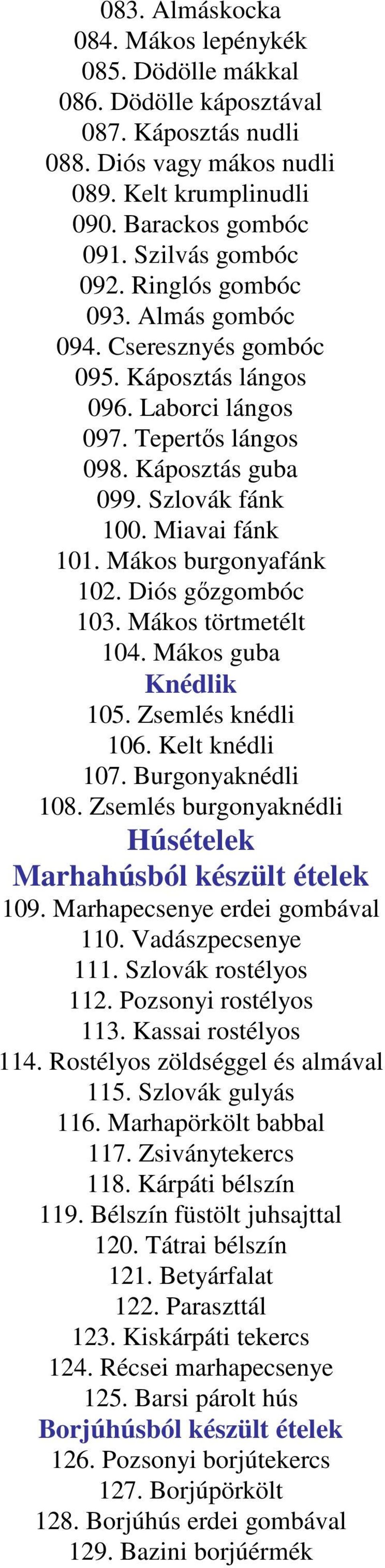 Mákos burgonyafánk 102. Diós gőzgombóc 103. Mákos törtmetélt 104. Mákos guba Knédlik 105. Zsemlés knédli 106. Kelt knédli 107. Burgonyaknédli 108.