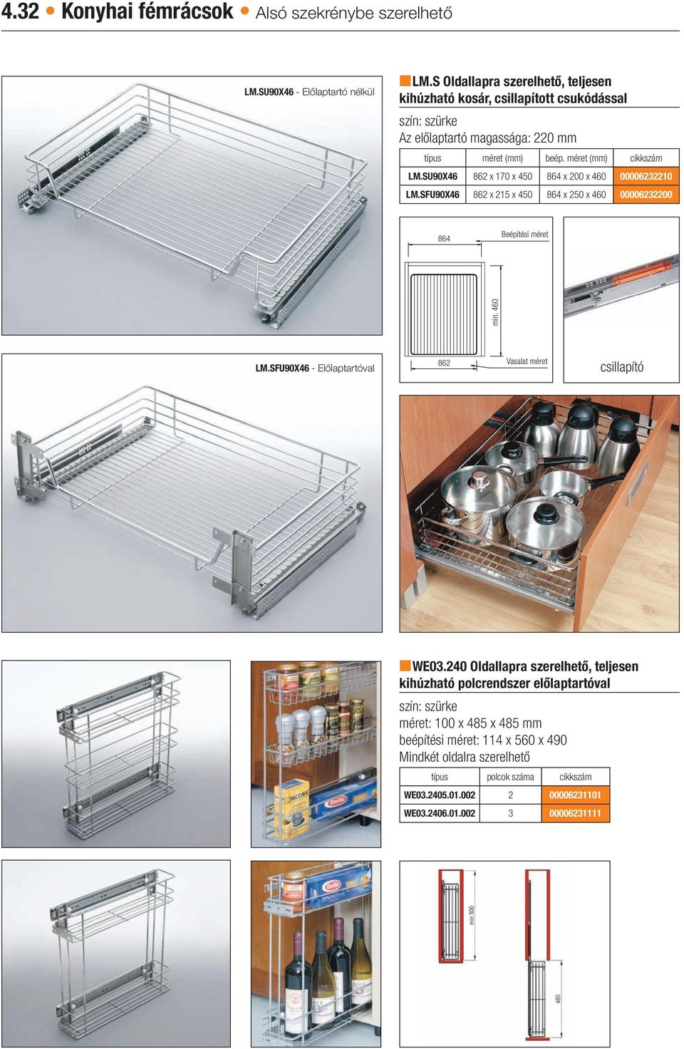 SU90X46 862 x 170 x 450 864 x 200 x 460 00006232210 LM.SFU90X46 862 x 215 x 450 864 x 250 x 460 00006232200 864 Beépítési méret min. 460 LM.