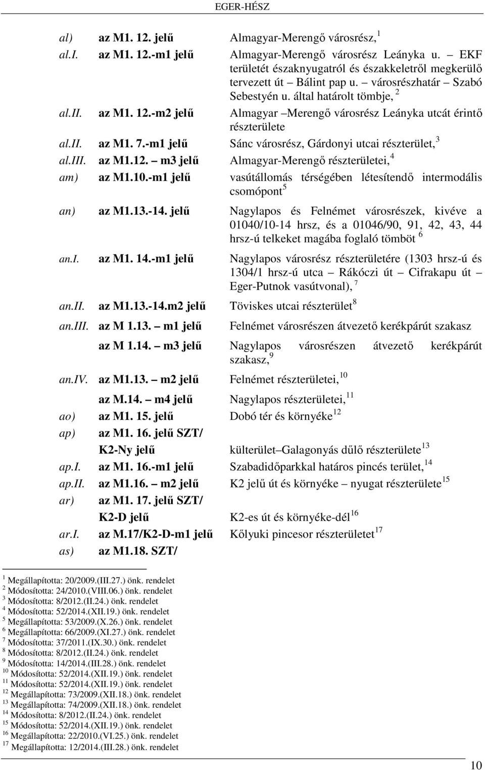 -m1 jelű Sánc városrész, Gárdonyi utcai részterület, 3 al.iii. az M1.12. m3 jelű Almagyar-Merengő részterületei, 4 am) az M1.10.