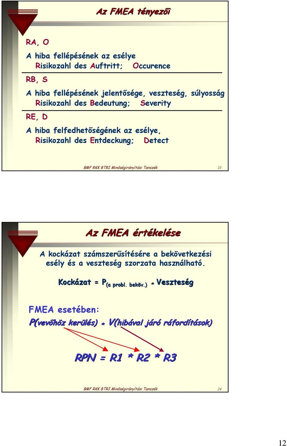 Tanszék 23 Az FMEA értékelése A kockázat számszerűsítésére a bekövetkezési esély és a veszteség szorzata használható.