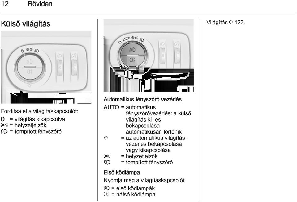 fényszóró vezérlés AUTO = automatikus fényszóróvezérlés: a külső világítás ki- és bekapcsolása automatikusan történik