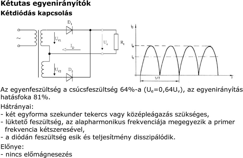 Hátrányai: - két egyforma szekunder tekercs vagy középleágazás szükséges, - lüktető feszültség, az