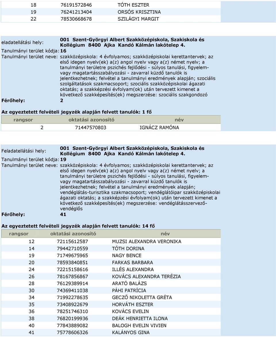 szociális szolgáltatások szakmacsoport; szociális szakközépiskolai ágazati oktatás; a szakképzési évfolyam(ok) után tervezett kimenet a következő szakképesítés(ek) megszerzése: szociális szakgondozó