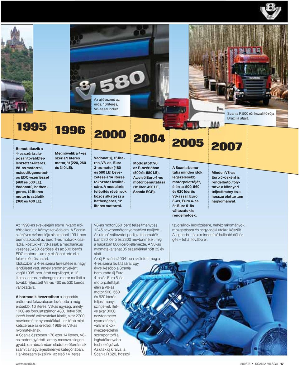 1996 2000 2004 2005 2007 Vadonatúj, 16 literes, V8-as, Euro 3-as motor (480 és 580 LE) bevezetése a 14 literes fokozatos leváltására.